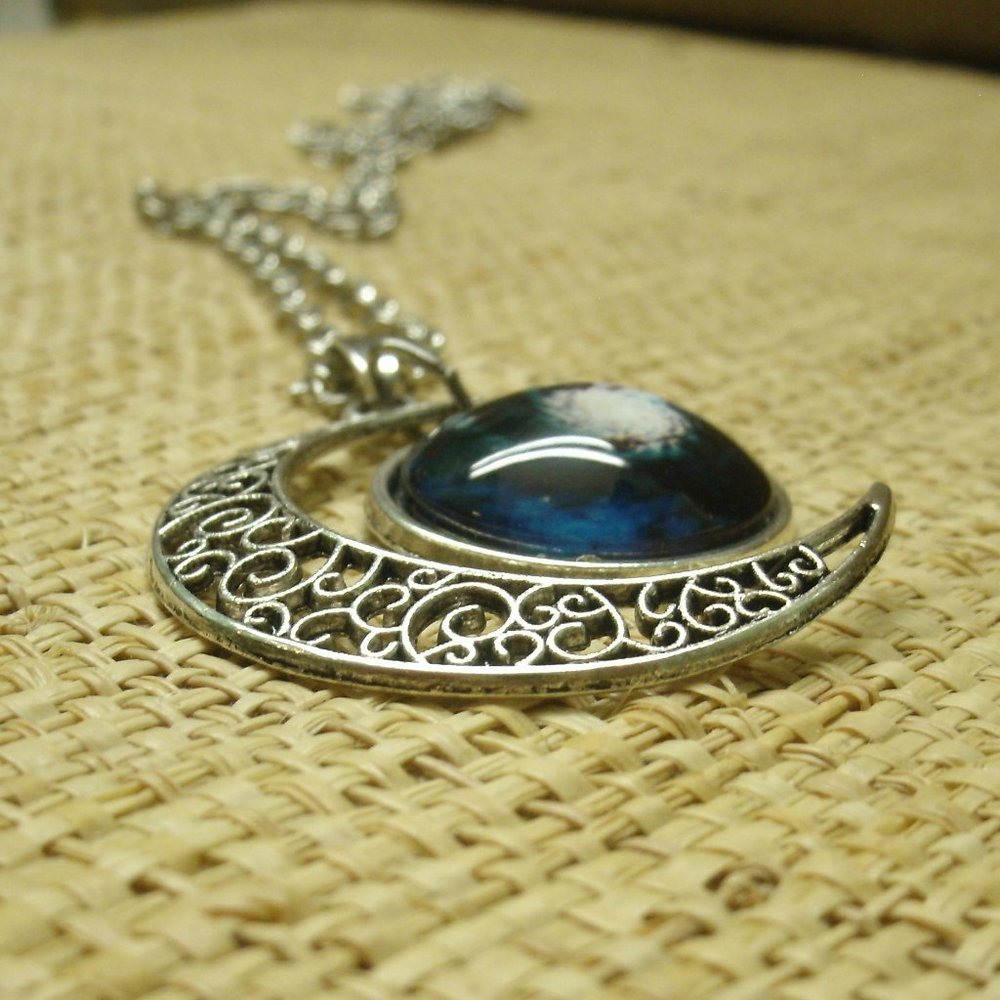 Crescent Moon with Galaxy Cabochon Dangle Necklace - Picture 6 of 13